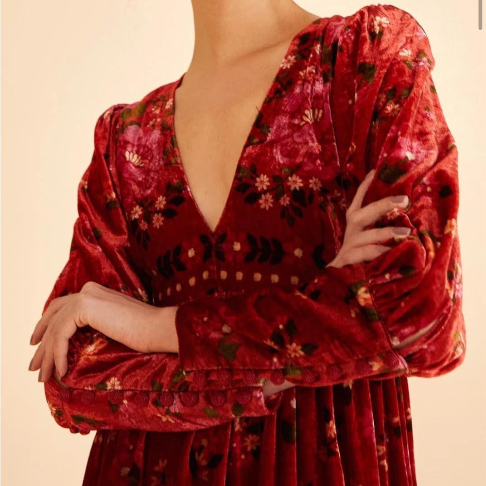 Farm Rio Romantic Garden Red Maxi Dress-small. Velvet - Picture 3 of 4